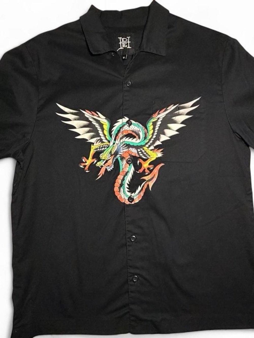 Ed Hardy Tattoos Black Button-Up Shirt with Multicolor Dragon Graphic